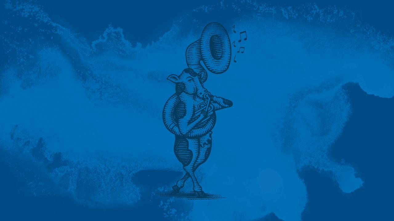 A woodcut image of a cow playing the saxophone, behind a dark blue watercolor background 