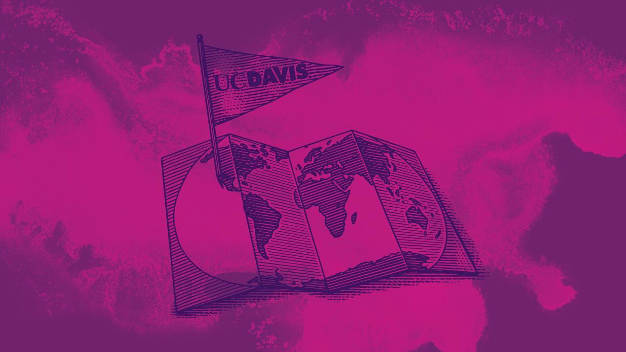 A woodcut illustration of an open book showing an image of a map with a flag coming out of the top of the book, in front of a purple and hot pink watercolor background .