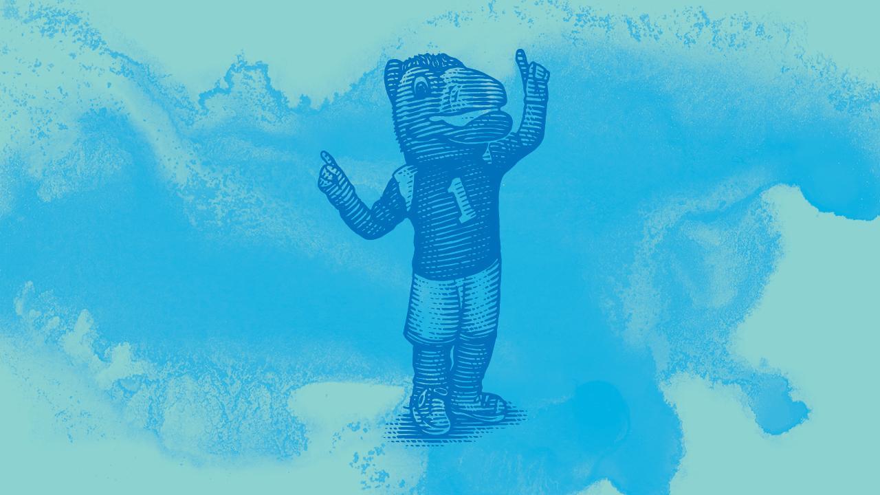 Woodcut image of Gunrock, the UC Davis mascot, behind a light blue watercolor background