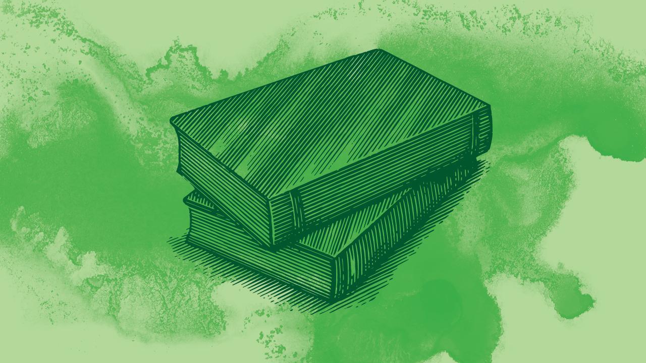 A woodcut illustration of two stacked books, in front of a green watercolor background. 