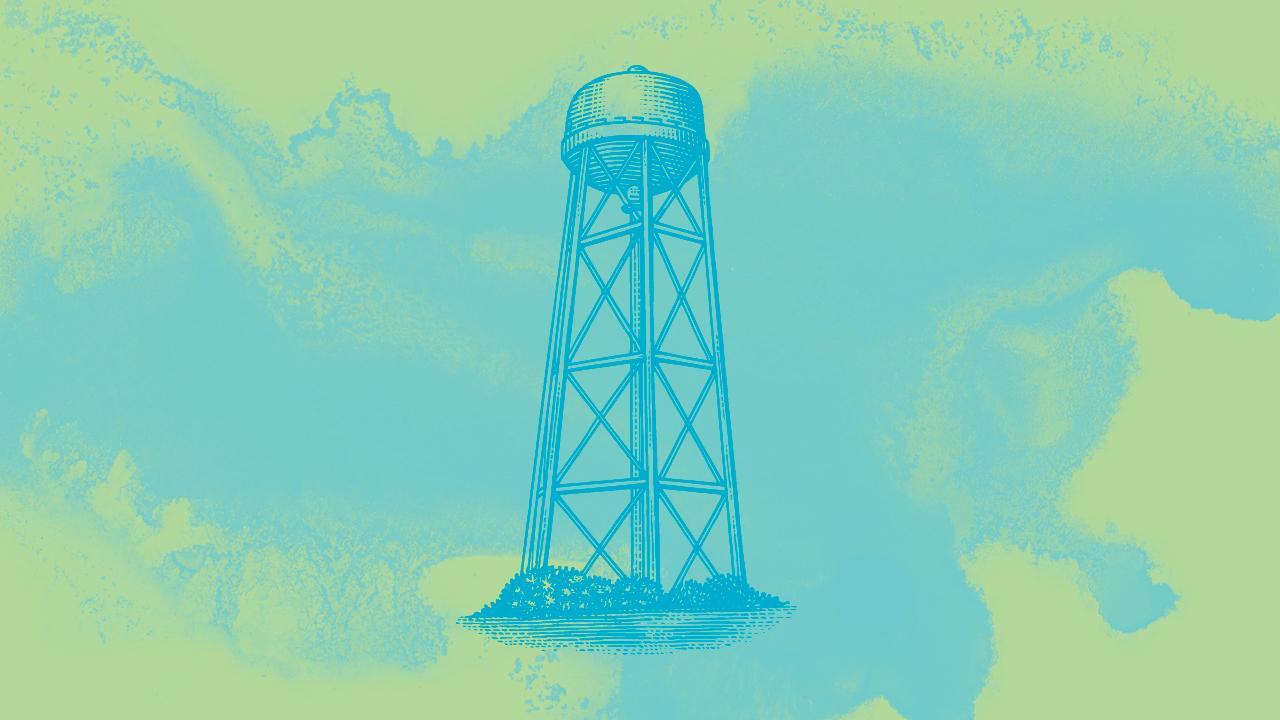 A woodcut illustration of a water tower, in front of a light green and light blue watercolor background. 