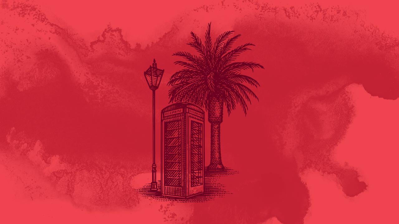 A woodcut illustration of a telephone booth, light pole and palm tree, in front of a red watercolor background. 