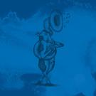 A woodcut image of a cow playing the saxophone, behind a dark blue watercolor background 