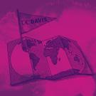 A woodcut illustration of an open book showing an image of a map with a flag coming out of the top of the book, in front of a purple and hot pink watercolor background .