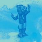 Woodcut image of Gunrock, the UC Davis mascot, behind a light blue watercolor background