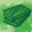 A woodcut illustration of two stacked books, in front of a green watercolor background. 