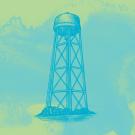 A woodcut illustration of a water tower, in front of a light green and light blue watercolor background. 