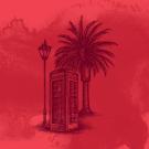 A woodcut illustration of a telephone booth, light pole and palm tree, in front of a red watercolor background. 